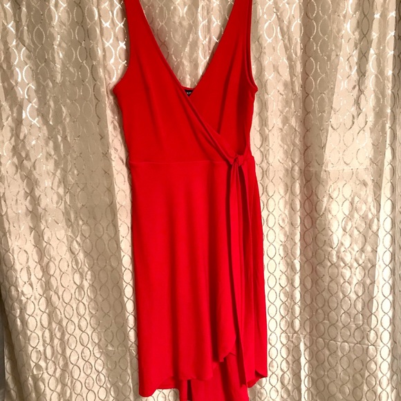 Express Red Faux Wrap V-Neck w/ Ties on Side High/Low Scooped Back Work Dress - Picture 3 of 8